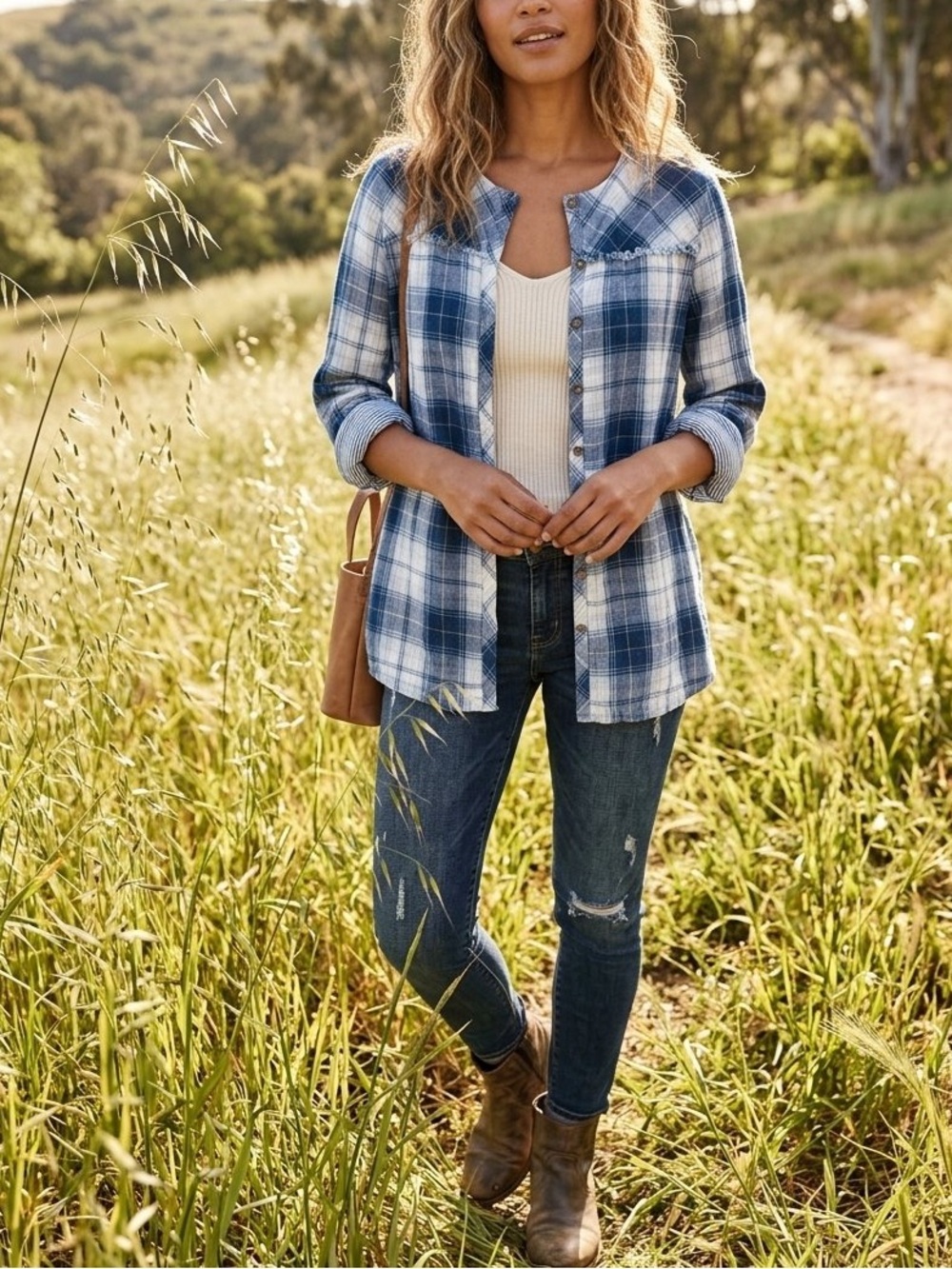 J. Jill Denim Blue White Plaid & Pinstripes Accent Button-Up Shirt M Cotton Gaze